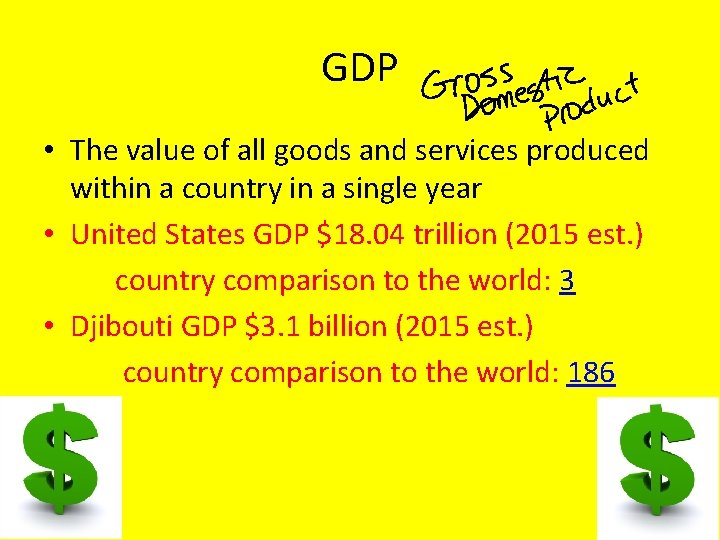 GDP • The value of all goods and services produced within a country in