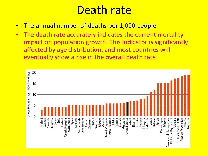 Death rate • The annual number of deaths per 1, 000 people • The