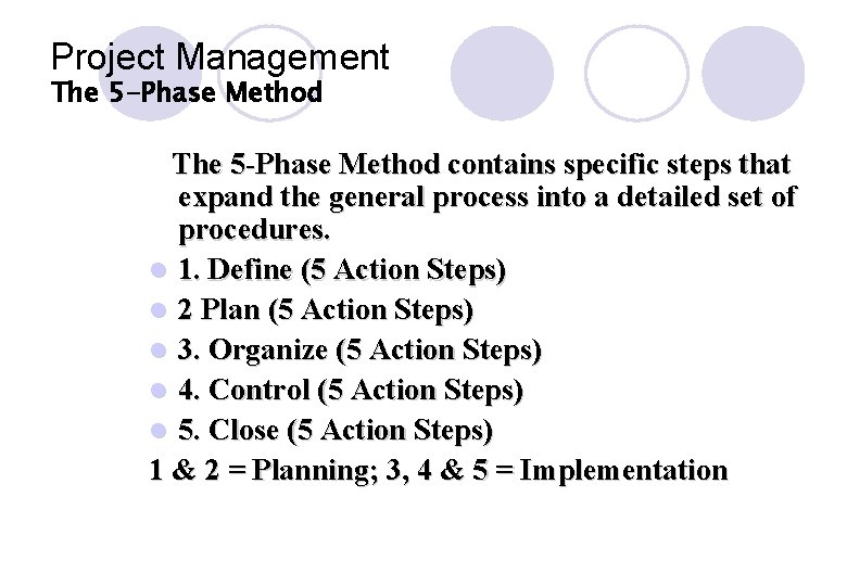 Project Management The 5 -Phase Method contains specific steps that expand the general process Project Management The 5 -Phase Method contains specific steps that expand the general process