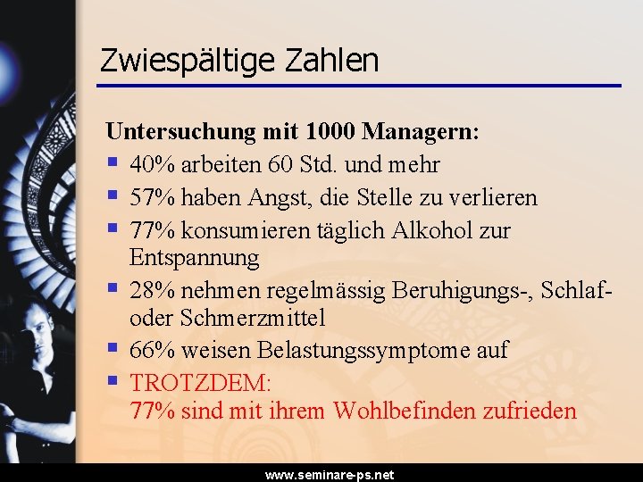 Zwiespältige Zahlen Untersuchung mit 1000 Managern: § 40% arbeiten 60 Std. und mehr §