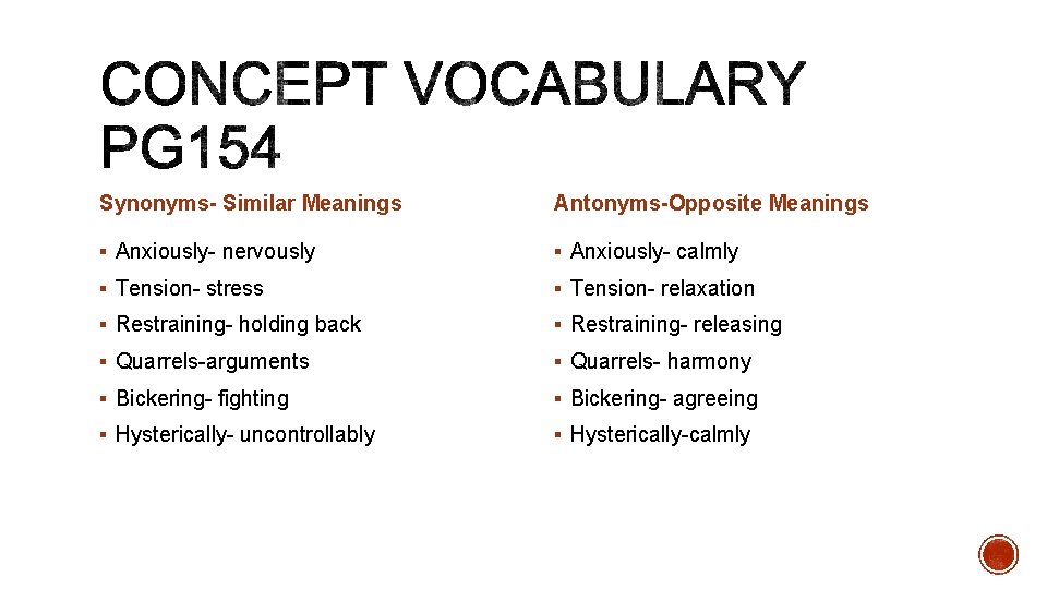 Synonyms- Similar Meanings Antonyms-Opposite Meanings § Anxiously- nervously § Anxiously- calmly § Tension- stress
