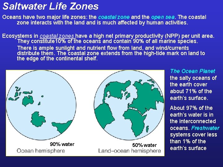 Saltwater Life Zones Oceans have two major life zones: the coastal zone and the