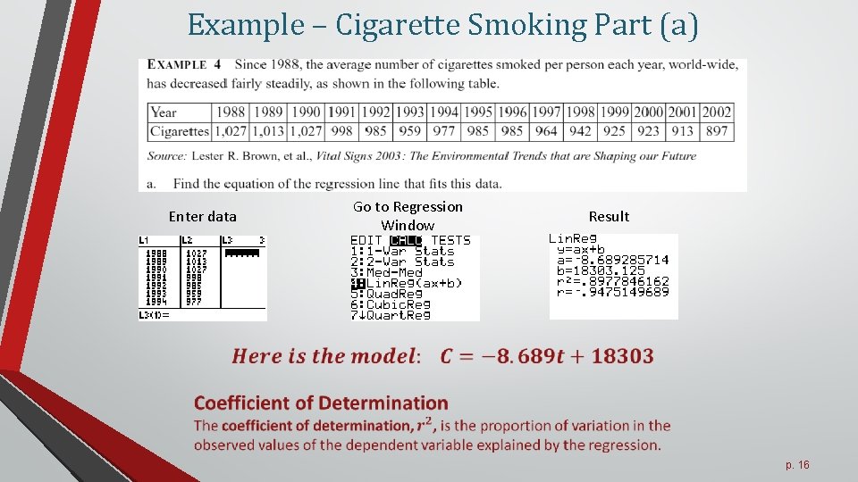 Example – Cigarette Smoking Part (a) Enter data Go to Regression Window Result p.