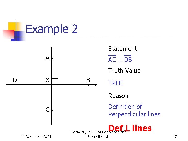 Example 2 Statement A AC DB Truth Value D X B TRUE Reason C
