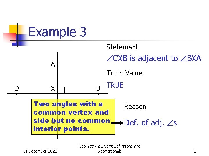 Example 3 Statement A CXB is adjacent to BXA Truth Value D X B
