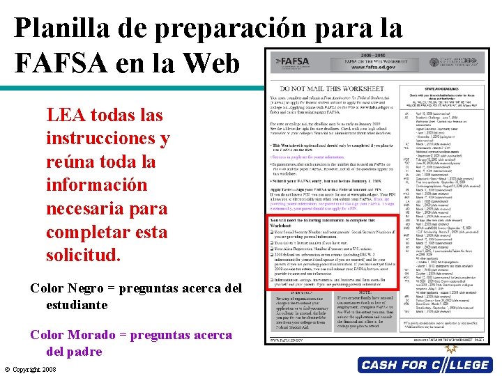 Planilla de preparación para la FAFSA en la Web LEA todas las instrucciones y