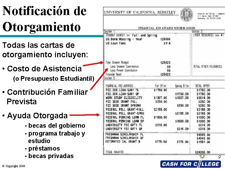 Notificación de Otorgamiento Todas las cartas de otorgamiento incluyen: • Costo de Asistencia (o