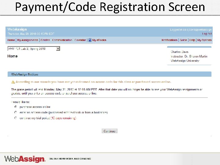 Payment/Code Registration Screen 