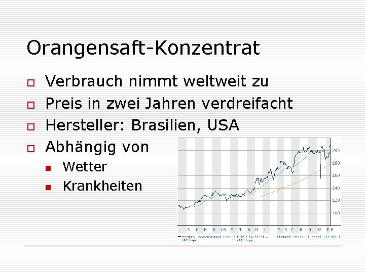 Orangensaft-Konzentrat o o Verbrauch nimmt weltweit zu Preis in zwei Jahren verdreifacht Hersteller: Brasilien,