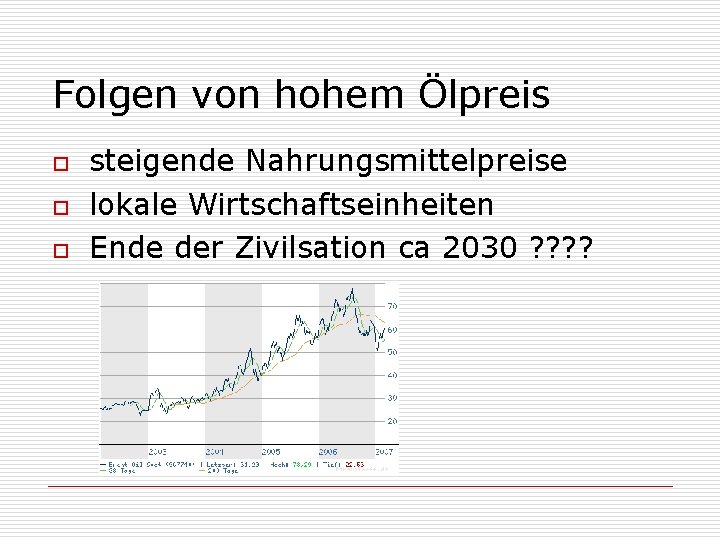 Folgen von hohem Ölpreis o o o steigende Nahrungsmittelpreise lokale Wirtschaftseinheiten Ende der Zivilsation