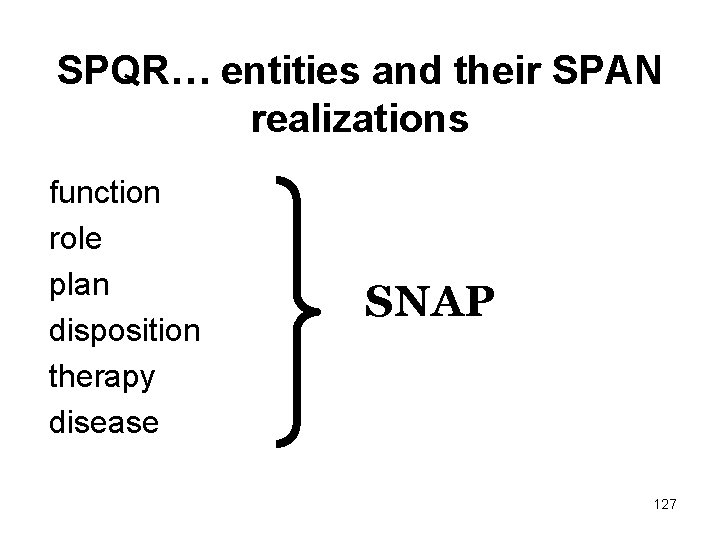 SPQR… entities and their SPAN realizations function role plan disposition therapy disease SNAP 127