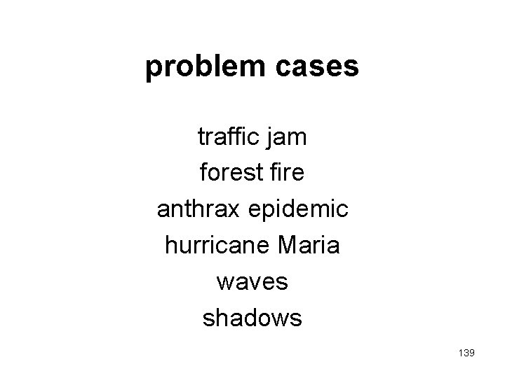 problem cases traffic jam forest fire anthrax epidemic hurricane Maria waves shadows 139 