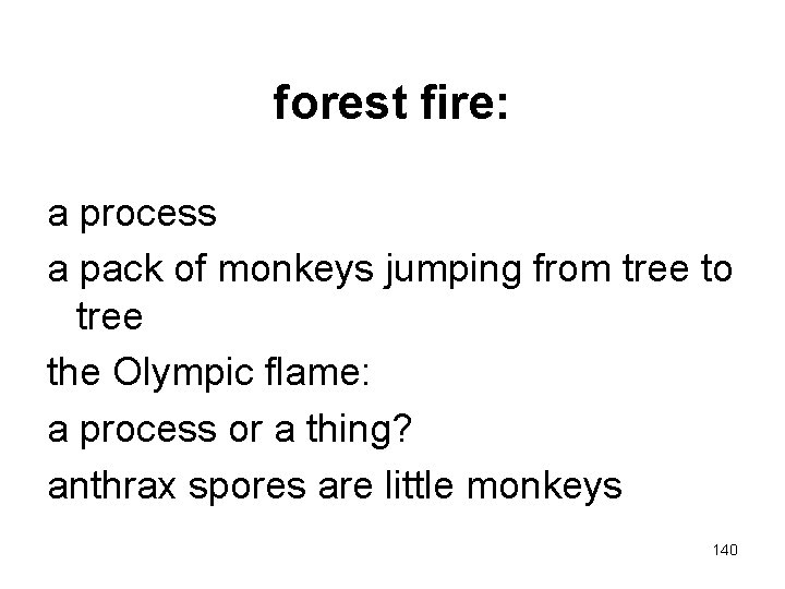 forest fire: a process a pack of monkeys jumping from tree to tree the