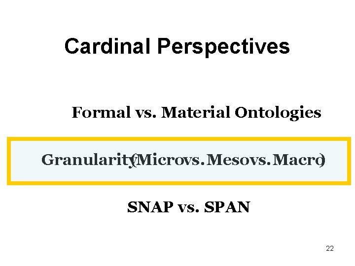 Cardinal Perspectives Formal vs. Material Ontologies Granularity(Microvs. Mesovs. Macro) SNAP vs. SPAN 22 