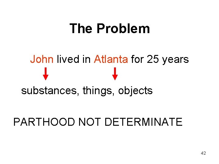 The Problem John lived in Atlanta for 25 years substances, things, objects PARTHOOD NOT