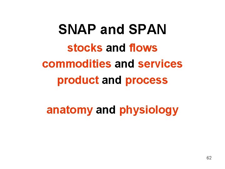 SNAP and SPAN stocks and flows commodities and services product and process anatomy and