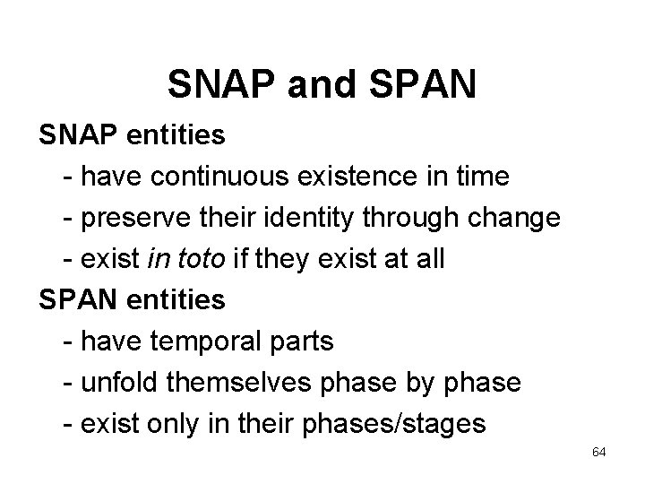 SNAP and SPAN SNAP entities - have continuous existence in time - preserve their