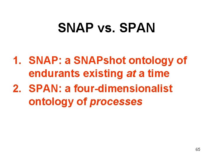 SNAP vs. SPAN 1. SNAP: a SNAPshot ontology of endurants existing at a time