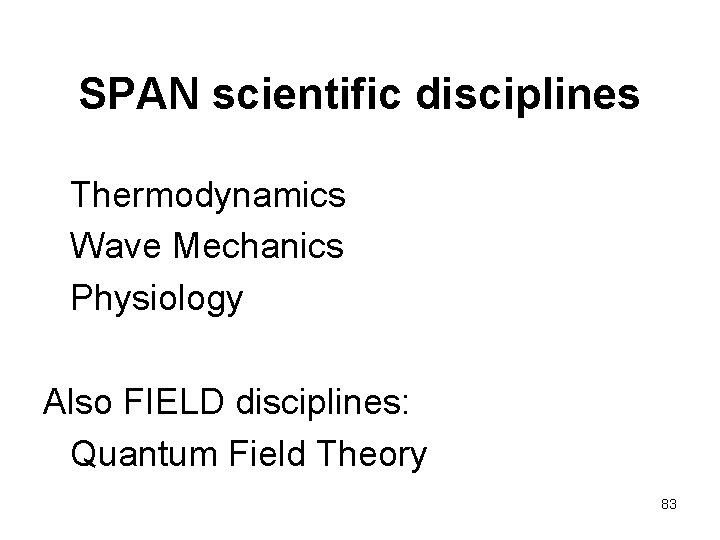 SPAN scientific disciplines Thermodynamics Wave Mechanics Physiology Also FIELD disciplines: Quantum Field Theory 83