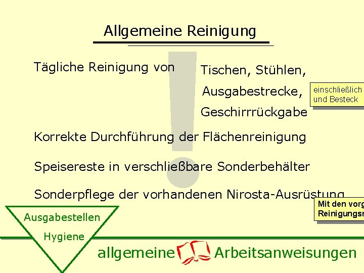 ! Allgemeine Reinigung Tägliche Reinigung von Tischen, Stühlen, Ausgabestrecke, einschließlich und Besteck Geschirrrückgabe Korrekte