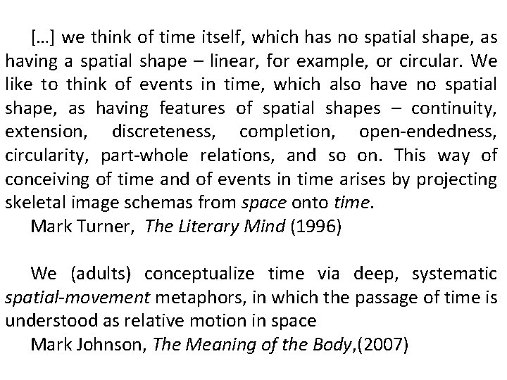 […] we think of time itself, which has no spatial shape, as having a