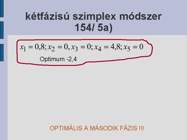 kétfázisú szimplex módszer 154/ 5 a) Optimum -2, 4 OPTIMÁLIS A MÁSODIK FÁZIS !!!