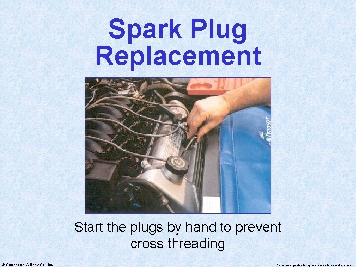 Spark Plug Replacement Start the plugs by hand to prevent cross threading © Goodheart-Willcox