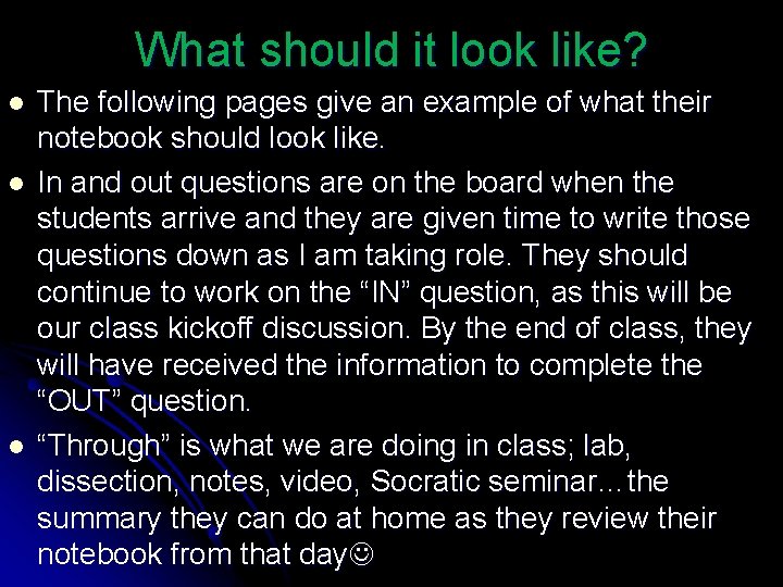 What should it look like? l l l The following pages give an example