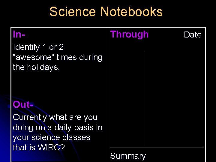 Science Notebooks In- Through Identify 1 or 2 “awesome” times during the holidays. Out.