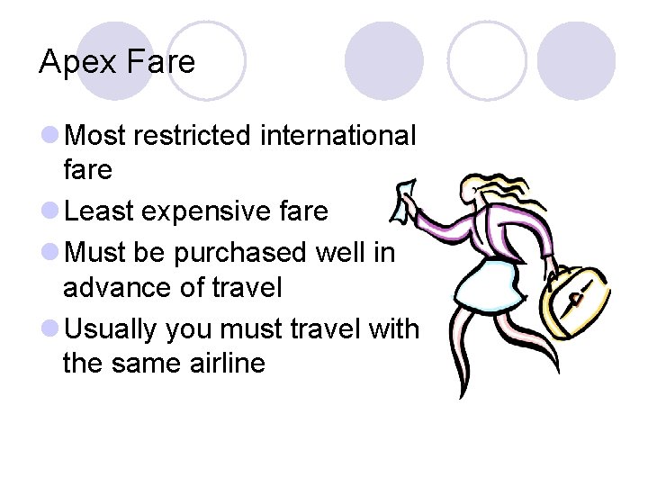 Apex Fare l Most restricted international fare l Least expensive fare l Must be Apex Fare l Most restricted international fare l Least expensive fare l Must be