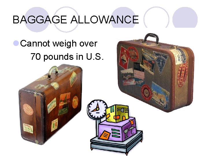 BAGGAGE ALLOWANCE l Cannot weigh over 70 pounds in U. S. BAGGAGE ALLOWANCE l Cannot weigh over 70 pounds in U. S.
