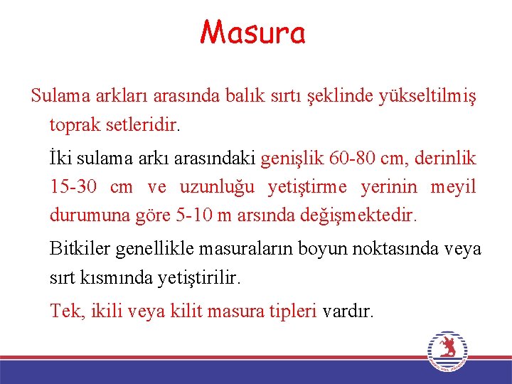 Masura Sulama arkları arasında balık sırtı şeklinde yükseltilmiş toprak setleridir. İki sulama arkı arasındaki