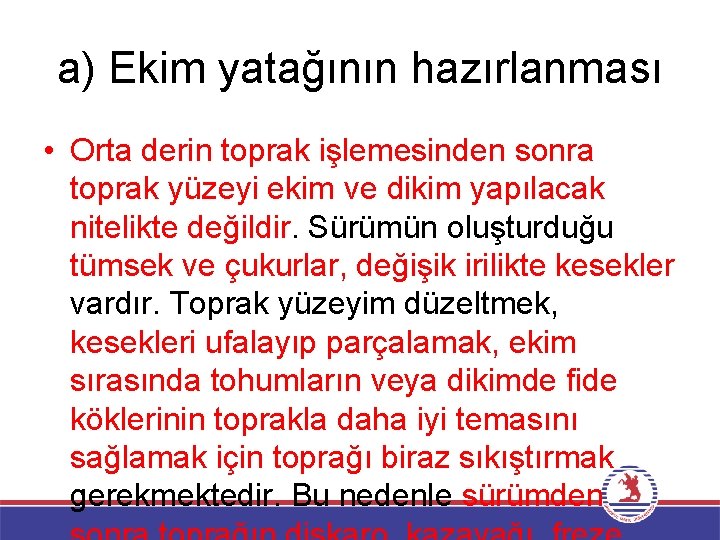 a) Ekim yatağının hazırlanması • Orta derin toprak işlemesinden sonra toprak yüzeyi ekim ve