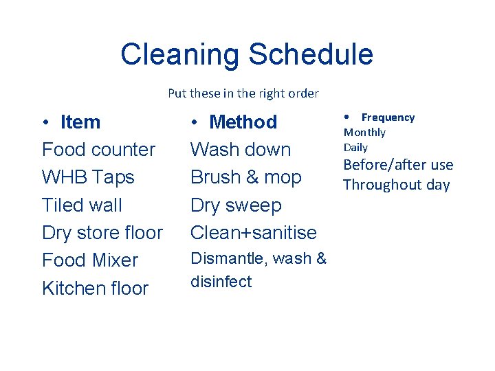 Cleaning Schedule Put these in the right order • Item Food counter WHB Taps