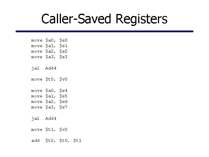 Caller-Saved Registers move $a 0, $a 1, $a 2, $a 3, jal Add 4