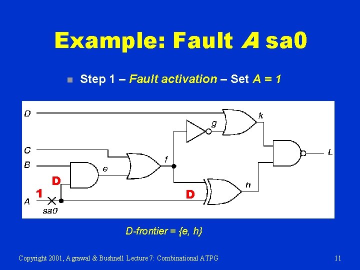 Example: Fault A sa 0 n 1 D Step 1 – Fault activation –