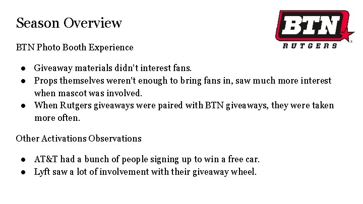 Season Overview BTN Photo Booth Experience ● Giveaway materials didn’t interest fans. ● Props