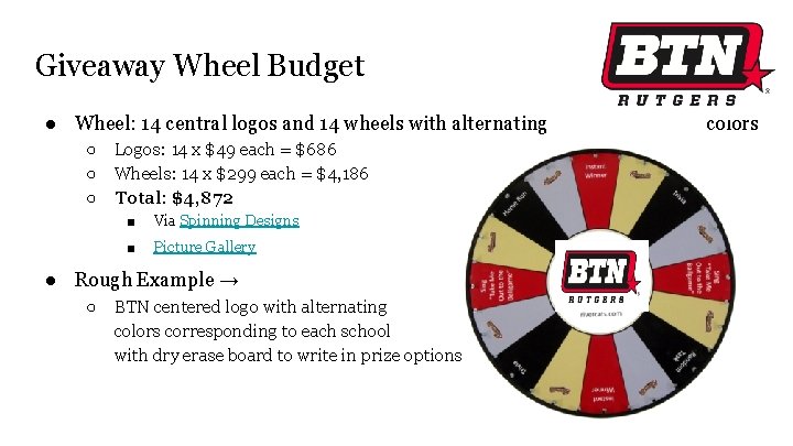 Giveaway Wheel Budget ● Wheel: 14 central logos and 14 wheels with alternating ○