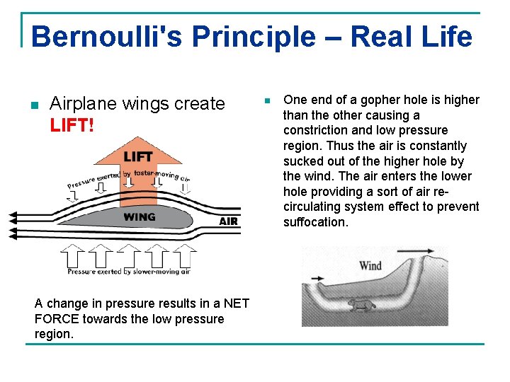 Bernoulli's Principle – Real Life n Airplane wings create LIFT! A change in pressure