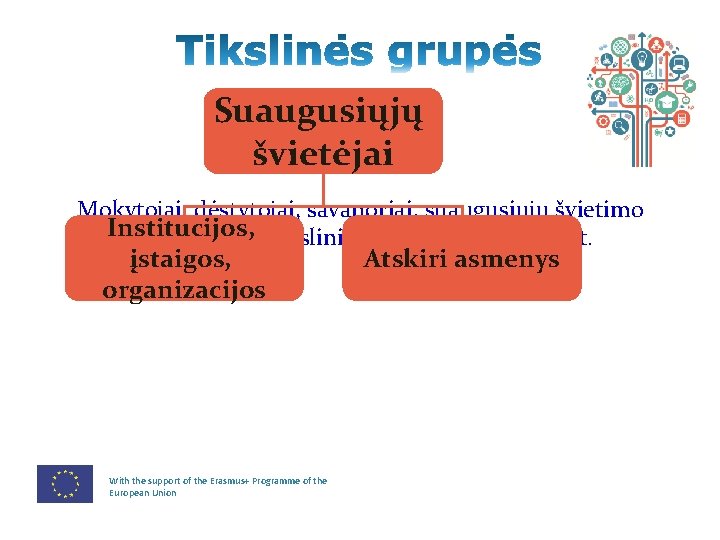 Suaugusiųjų švietėjai Mokytojai, dėstytojai, savanoriai, suaugusiųjų švietimo Institucijos, politikai, mokslininkai ir akademikai ir t.