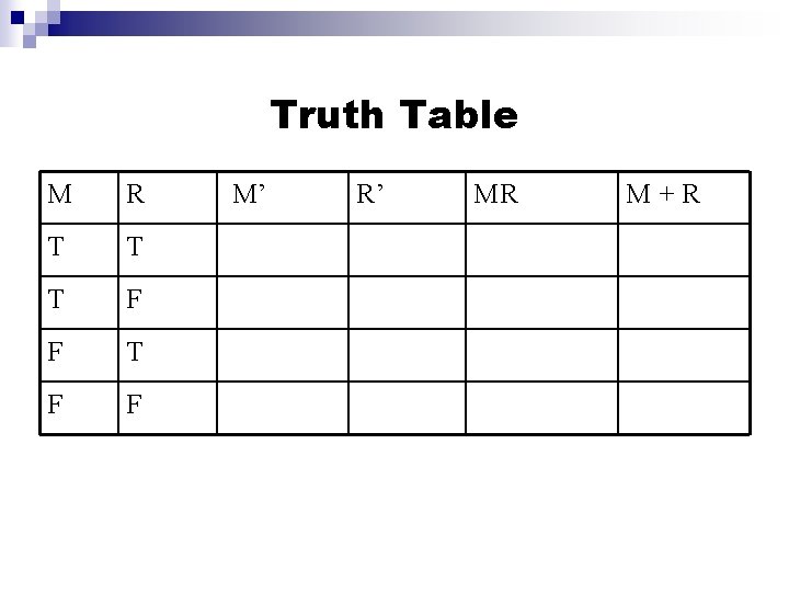 Truth Table M R T T T F F M’ R’ MR M+R 