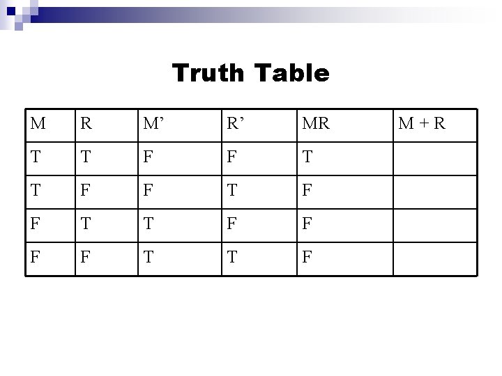 Truth Table M R M’ R’ MR T T F F T T F