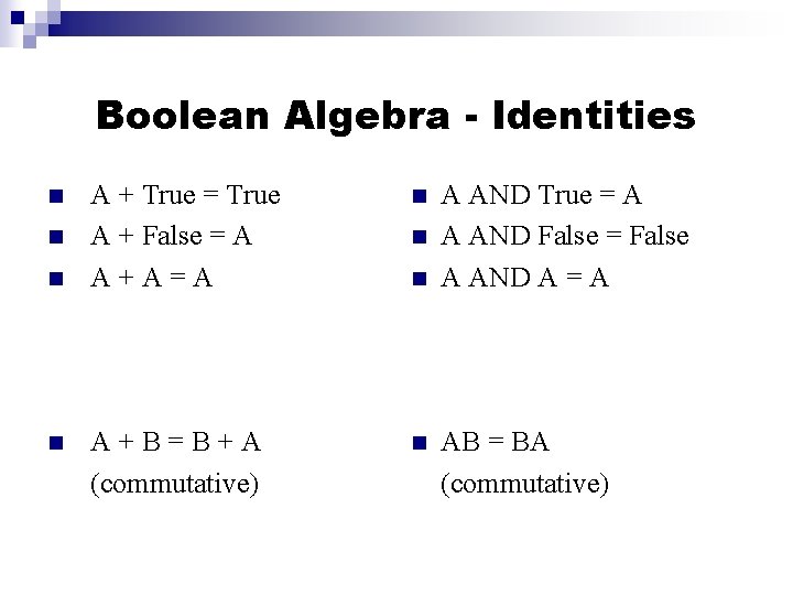 Boolean Algebra - Identities n n A + True = True A + False