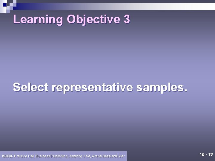 Learning Objective 3 Select representative samples. © 2006 Prentice Hall Business Publishing, Auditing 11/e,