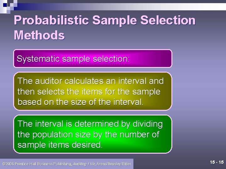Probabilistic Sample Selection Methods Systematic sample selection: The auditor calculates an interval and then