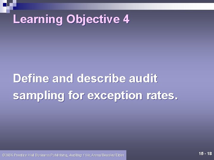 Learning Objective 4 Define and describe audit sampling for exception rates. © 2006 Prentice