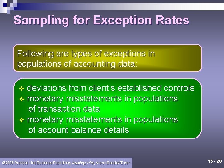 Sampling for Exception Rates Following are types of exceptions in populations of accounting data: