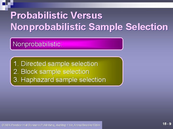 Probabilistic Versus Nonprobabilistic Sample Selection Nonprobabilistic: 1. Directed sample selection 2. Block sample selection