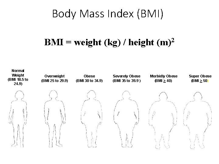 Body Mass Index (BMI) BMI = weight (kg) / height (m)2 Normal Weight (BMI