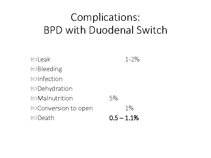 Complications: BPD with Duodenal Switch Leak Bleeding Infection Dehydration Malnutrition Conversion to open Death